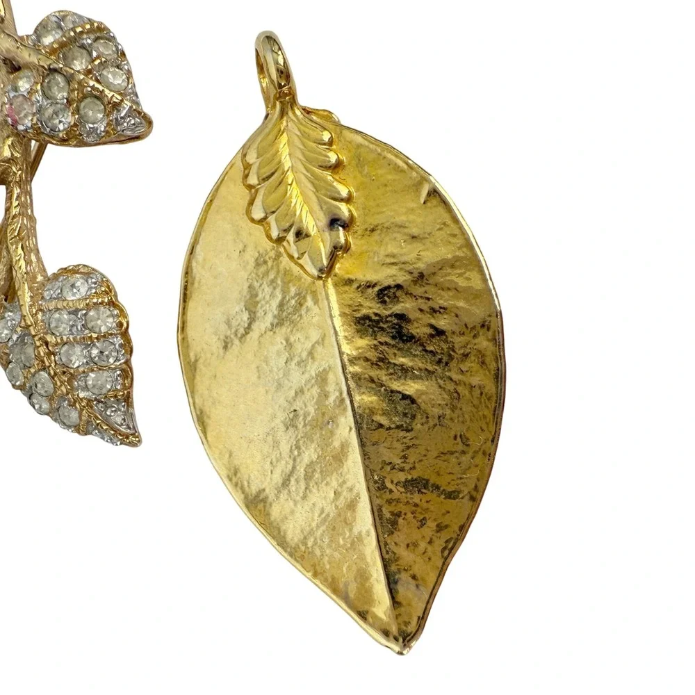Vintage Estate Gold Tone Rhinestone Flower Brooch & Leaf Pendant Costume Jewelry